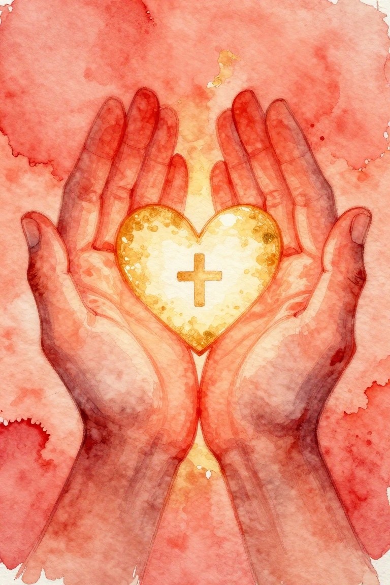Watercolor hands cupping glowing yellow heart with cross on red-pink background