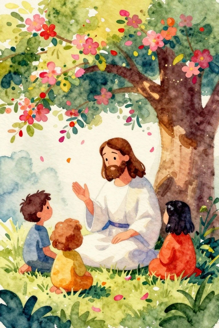 A watercolor painting of Jesus sitting under a tree with three children in a grassy area surrounded by flowers and petals.