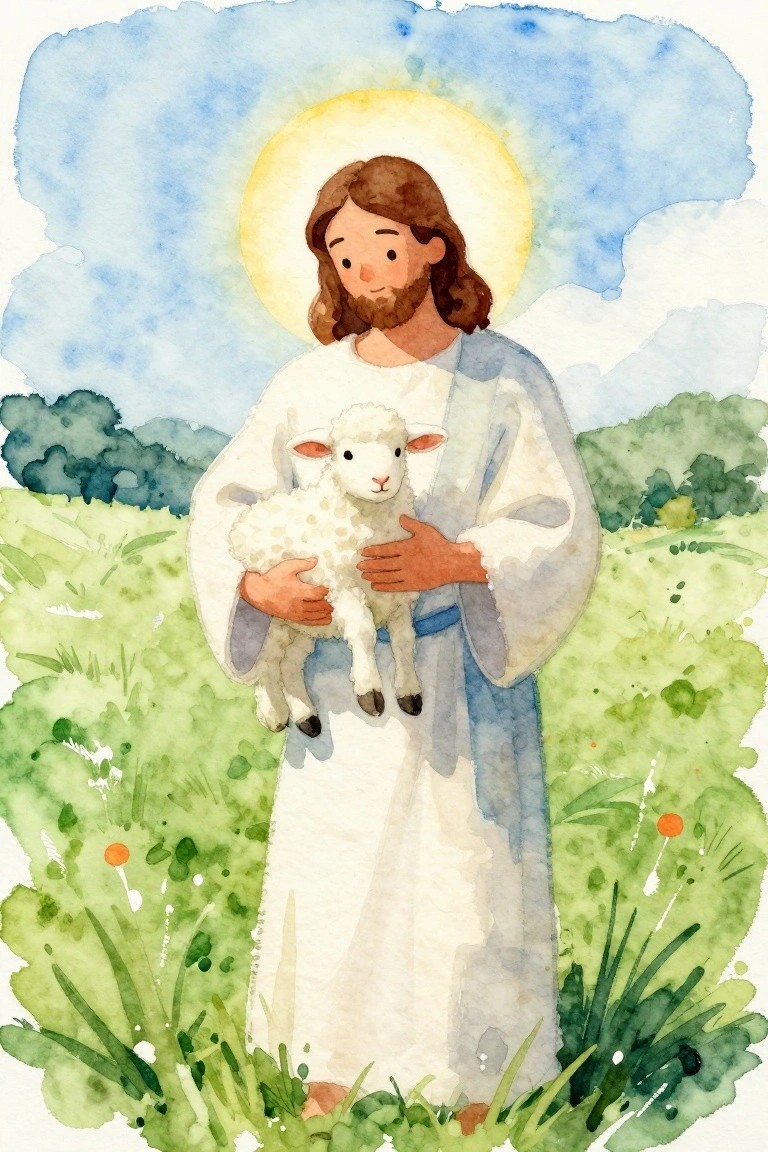 Watercolor Jesus with halo holding white lamb in sunny green meadow with blue robes