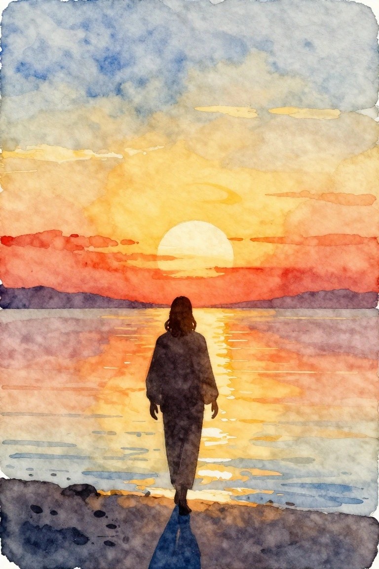 Watercolor of silhouetted robed figure walking toward vibrant sunset reflecting on water.