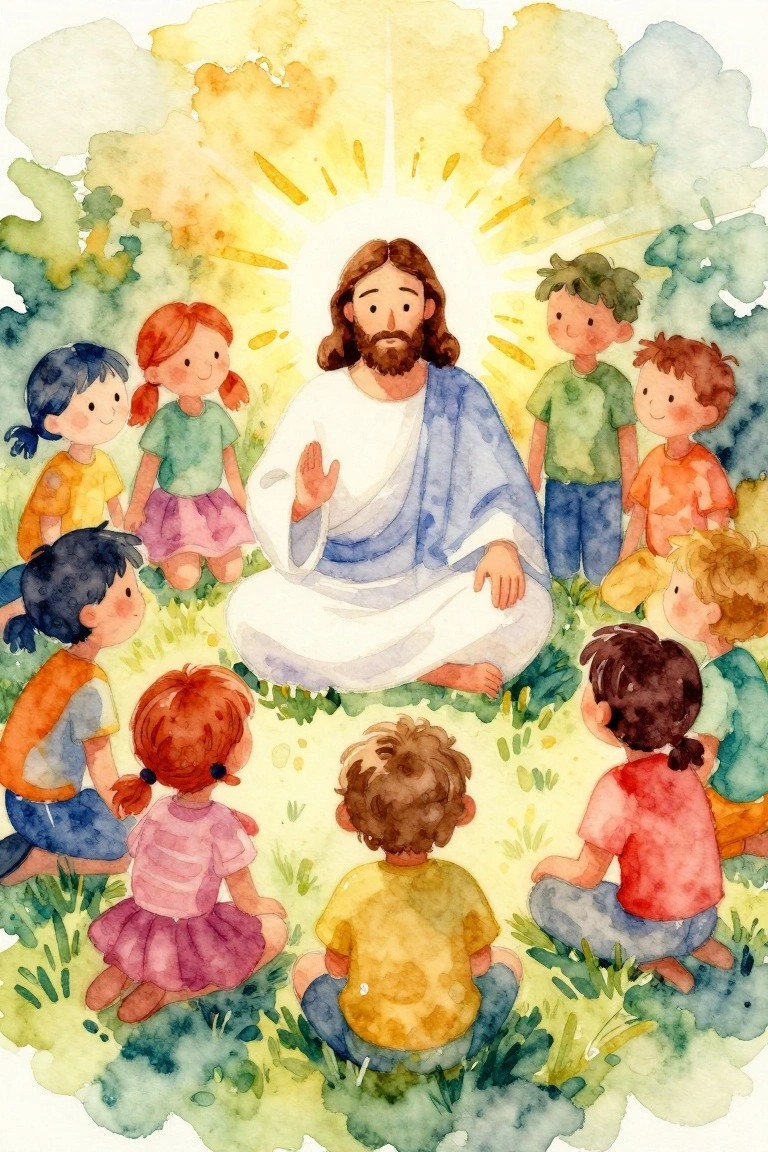 Watercolor painting of Jesus seated cross-legged on grass with a bright glow behind him and children sitting in a circle around him.