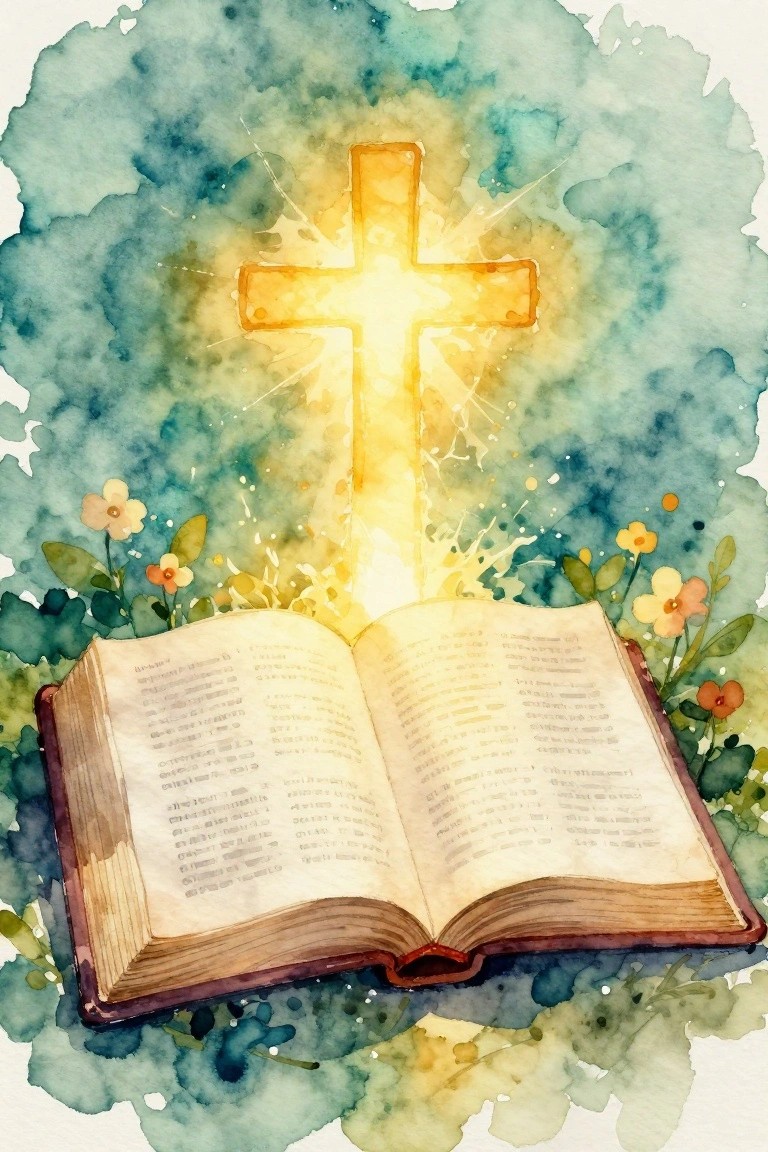 Open book beneath glowing golden cross in blue-green watercolor with flowers and light rays