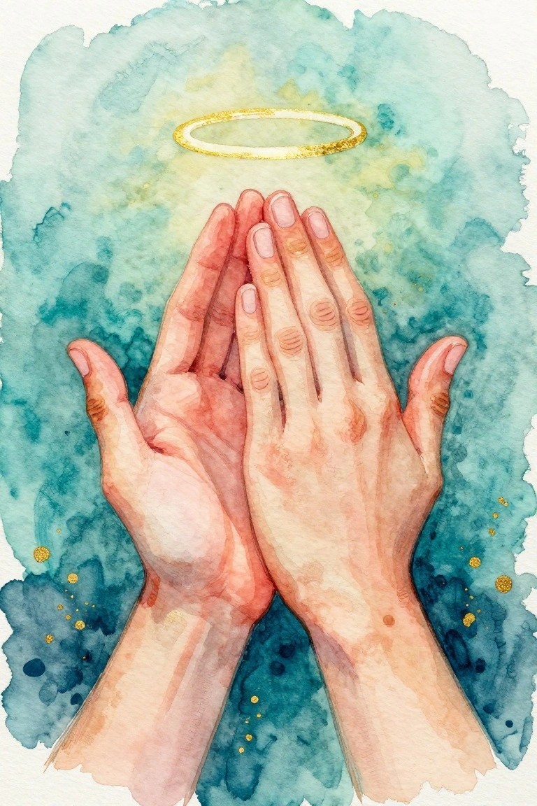 Watercolor of two hands beneath a golden halo on blue-green background with gold flecks