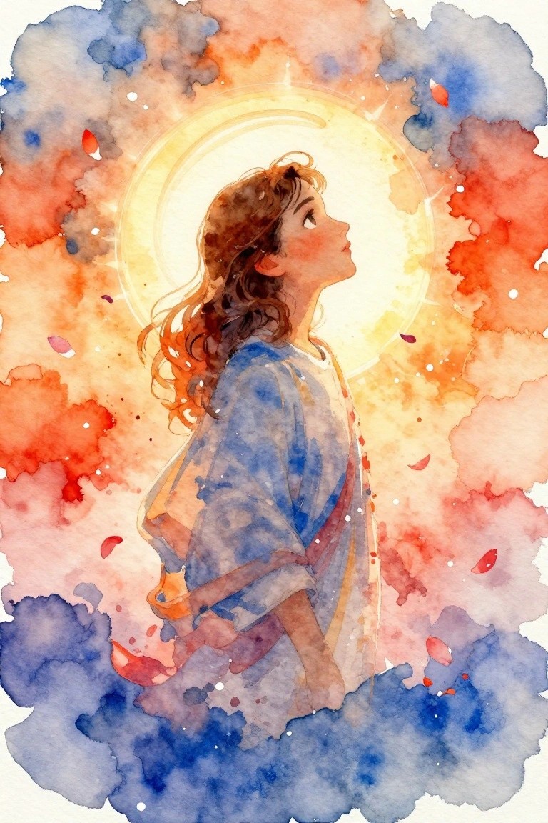 Woman in blue kimono with long hair under glowing halo amid vibrant watercolor splashes and petals