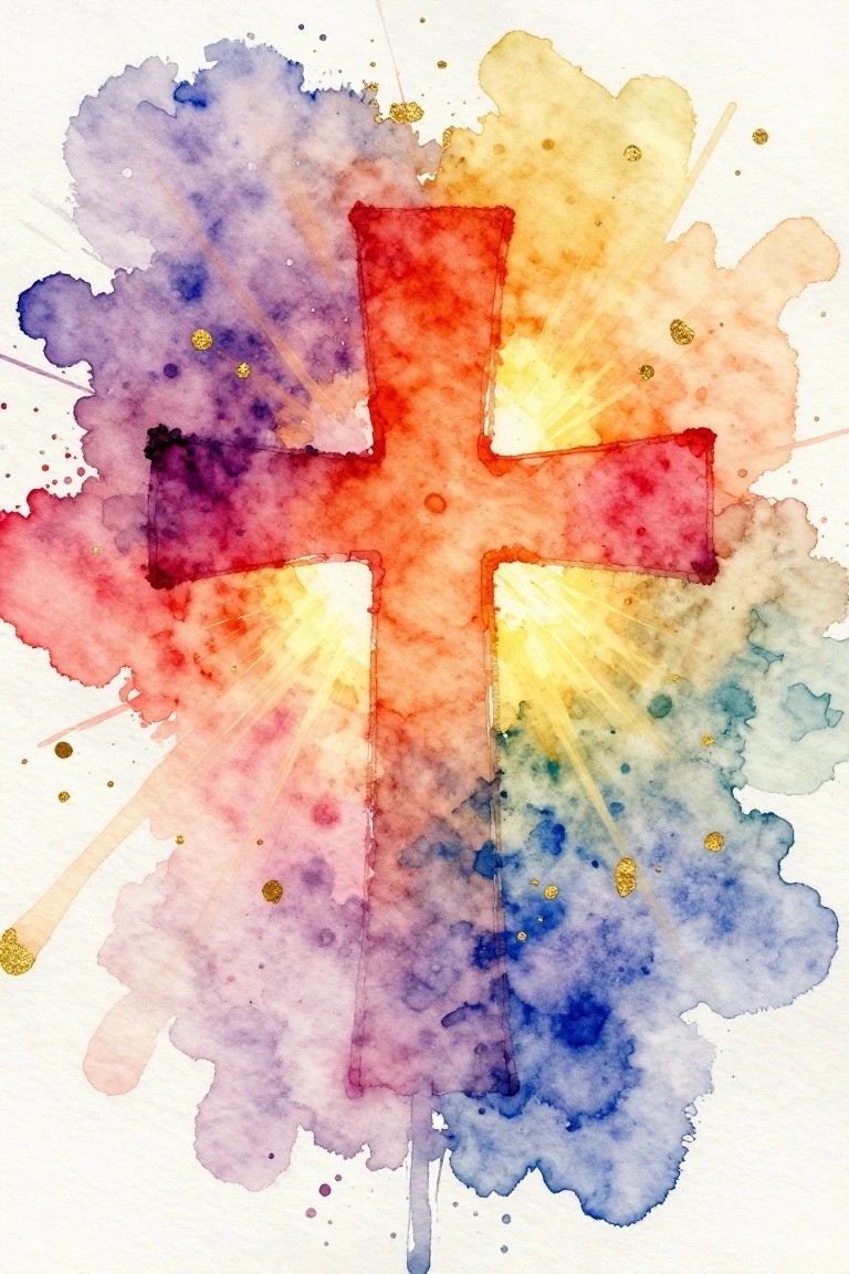 Vibrant watercolor cross in red-orange with glowing yellow rays and gold splatters.