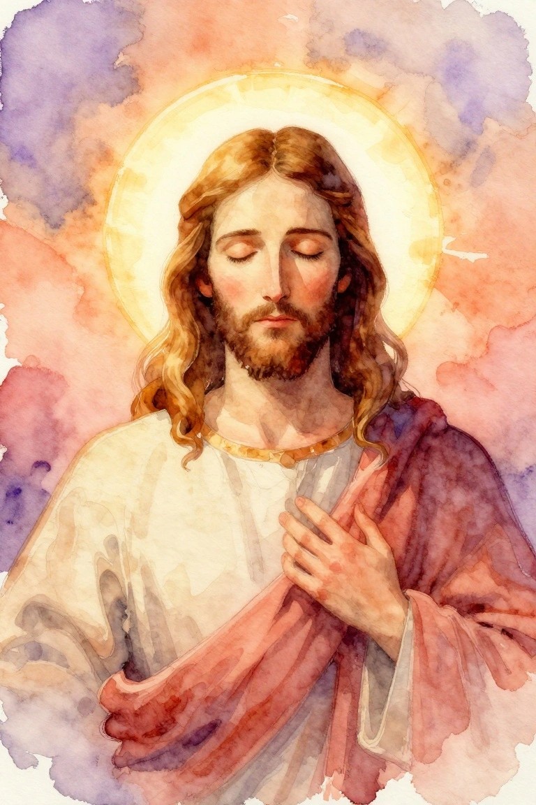 Watercolor Jesus with closed eyes, golden halo, white robe, red cloak, hand on chest.