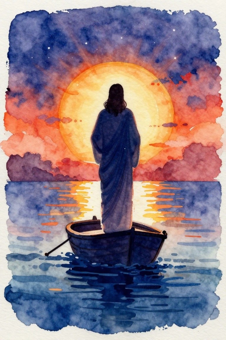 Watercolor of robed figure standing in boat facing glowing orange sunset sun over water