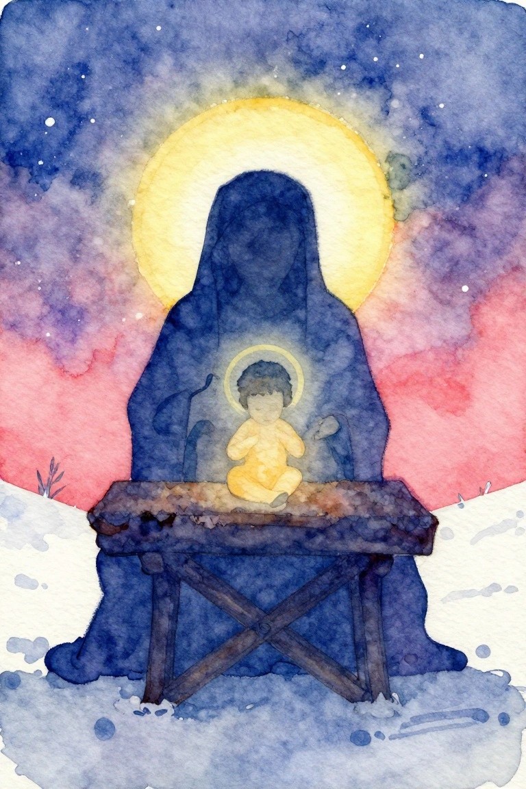 Haloed blue-robed figure with infant in wooden manger on snowy ground under starry sky