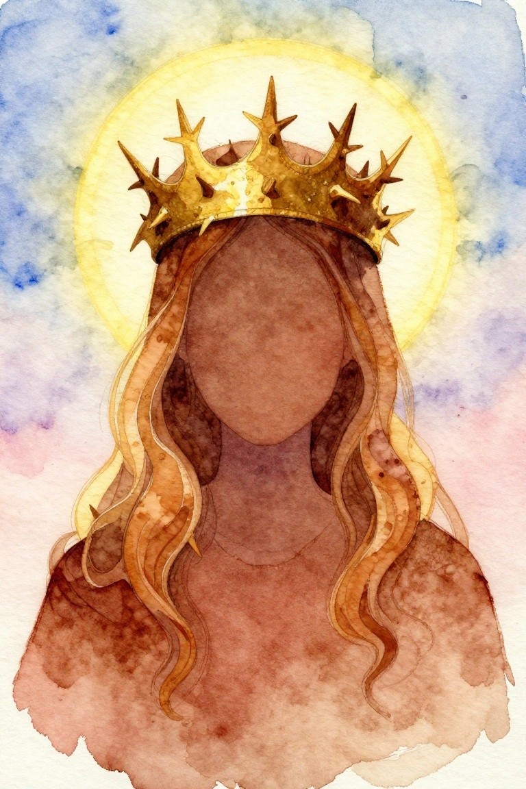 Watercolor of faceless figure with long brown hair, spiked gold crown, and halo