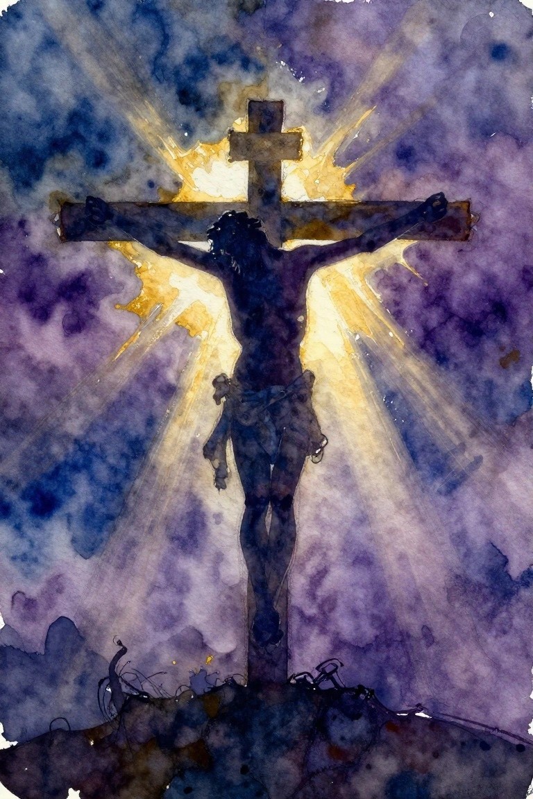 Watercolor Jesus crucified on cross against purple stormy sky with golden light rays.