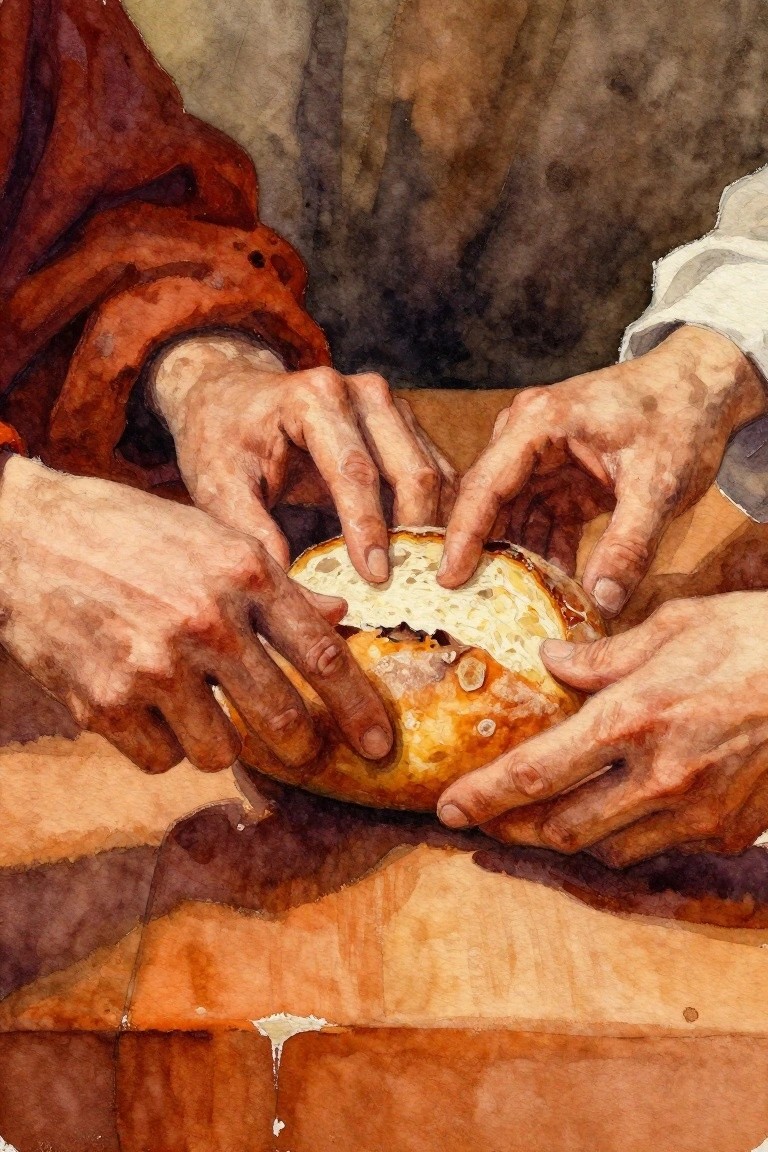 Watercolor of multiple hands breaking open a crusty round loaf on wood.
