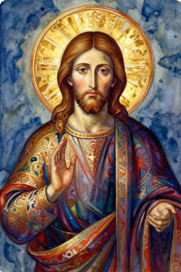 A watercolor painting of Jesus with long brown hair and beard, wearing colorful ornate robes, raising one hand in blessing, with a large golden halo behind his head against a blue background.