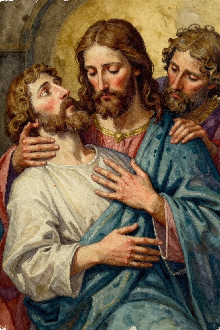 Watercolor painting of Jesus embracing two bearded apostles, with hands placed on shoulders and chest in a close group composition.