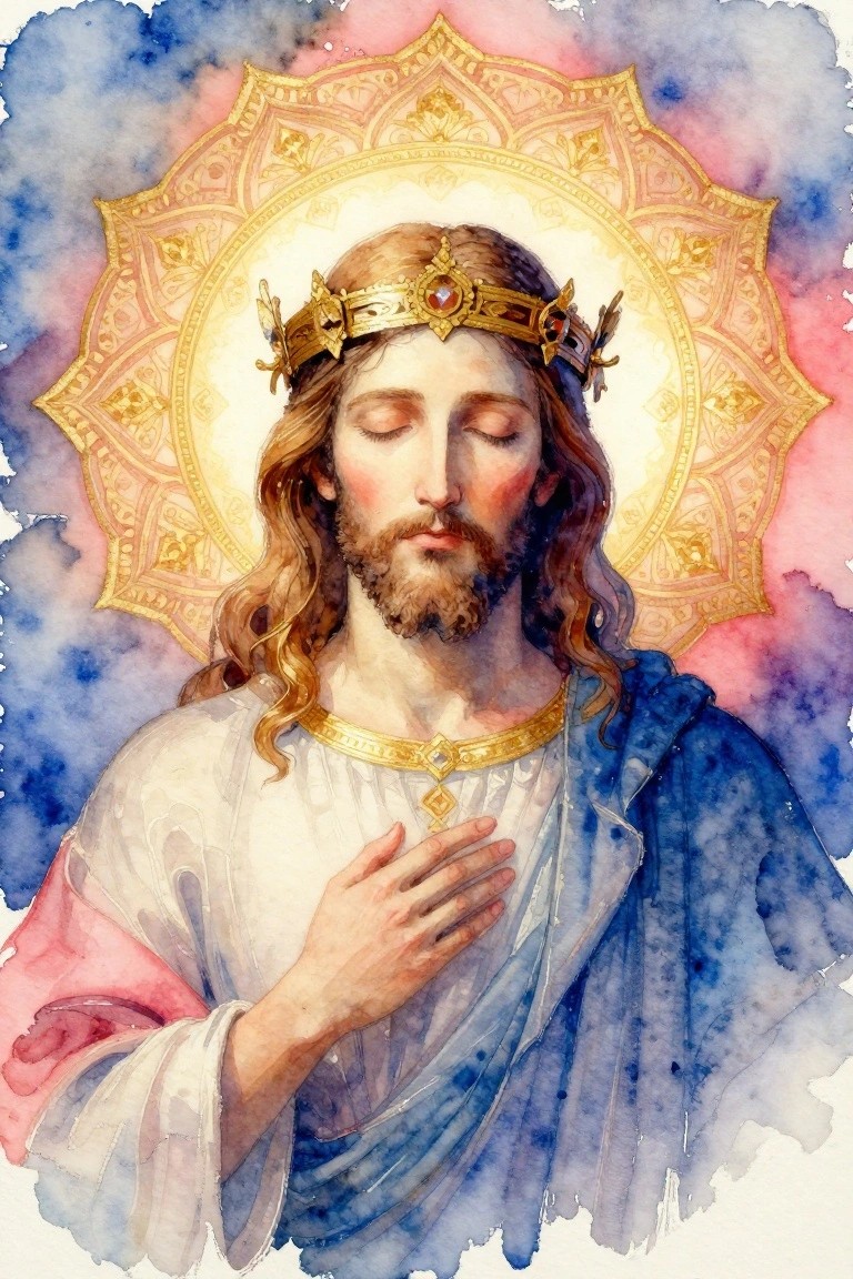Watercolor of crowned Jesus with hand on chest, blue robe, and golden halo