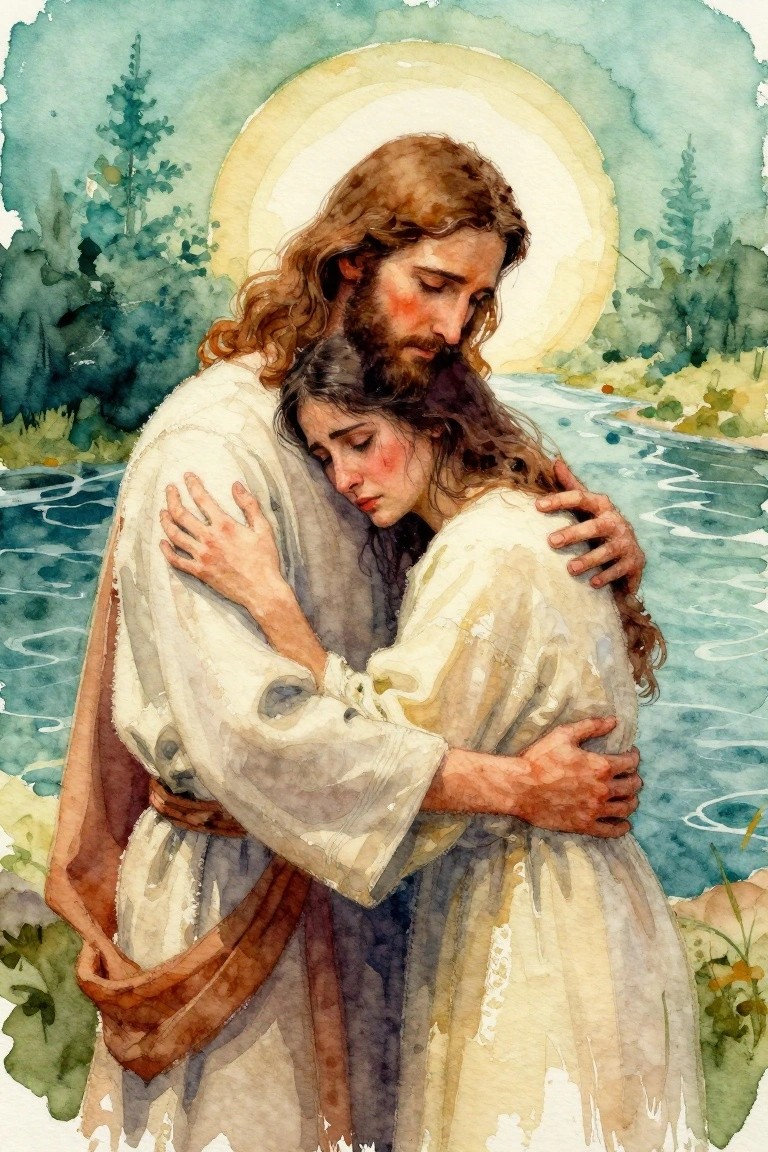 Watercolor of robed Jesus with halo embracing woman by winding river in soft greens and blues