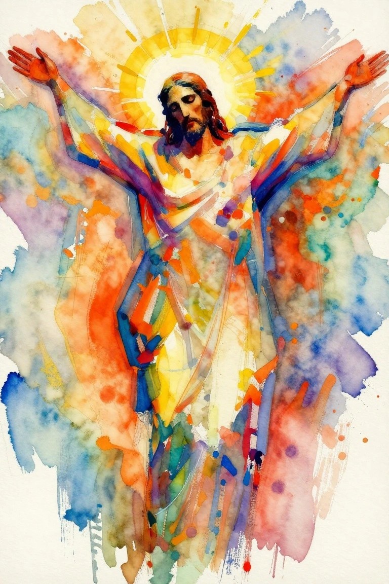 Vibrant watercolor Jesus with arms outstretched, golden halo, colorful paint splashes.