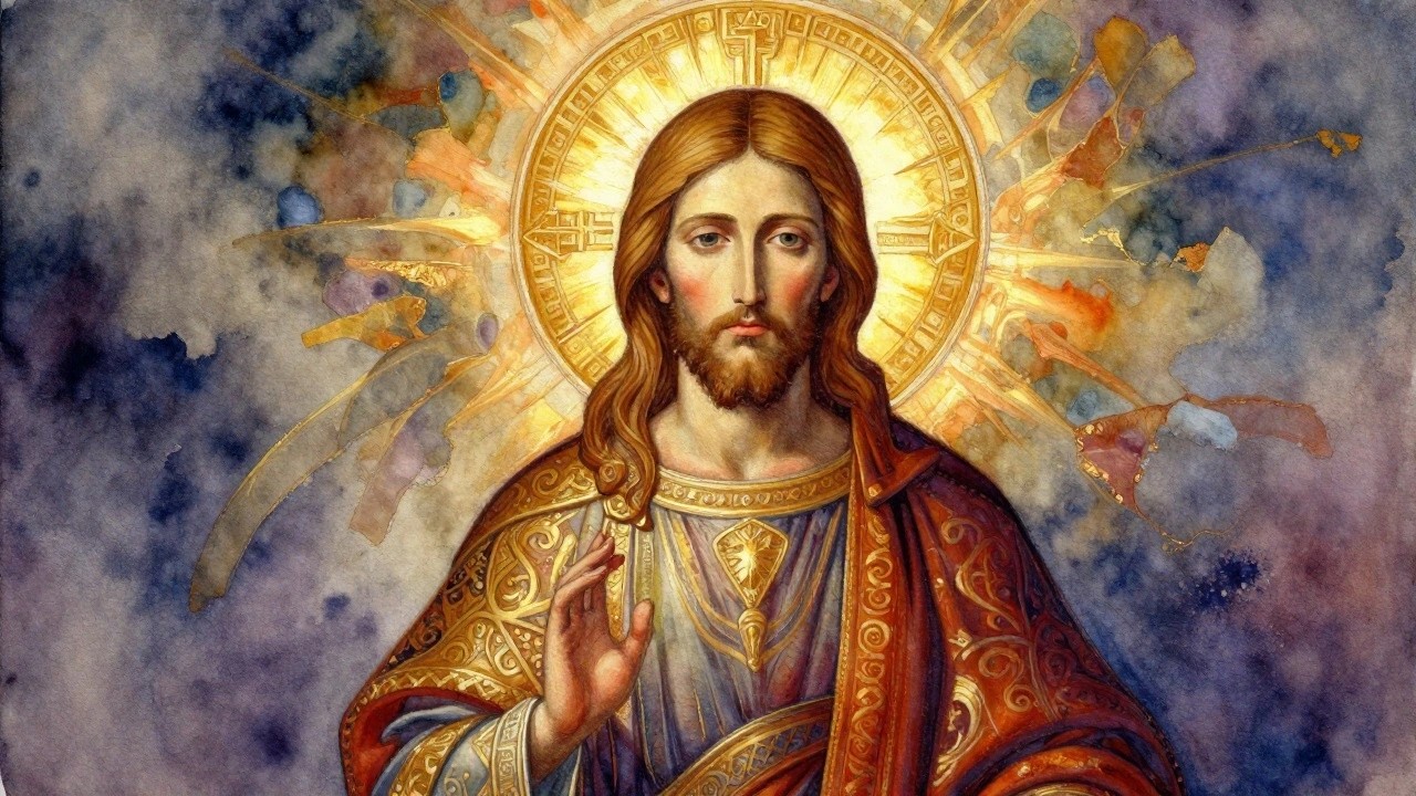 A watercolor painting of Jesus with long brown hair and beard, wearing colorful ornate robes, raising one hand in blessing, with a large golden halo behind his head against a blue background.