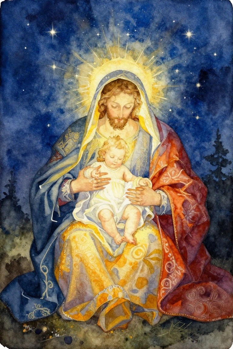 Haloed figure in blue-red robes cradling baby beneath radiant starry night sky
