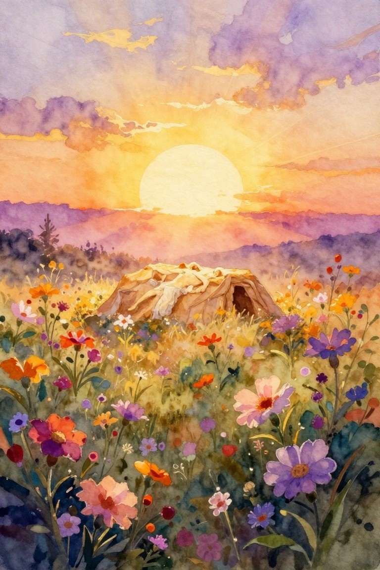 Watercolor sunset with embracing couple on rock amid vibrant wildflower meadow