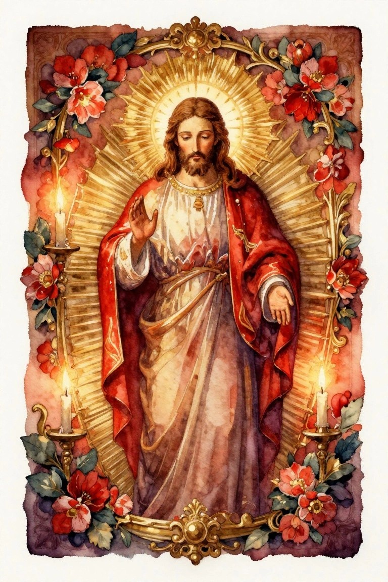 Jesus in red robes with golden halo, between lit candles and red flowers