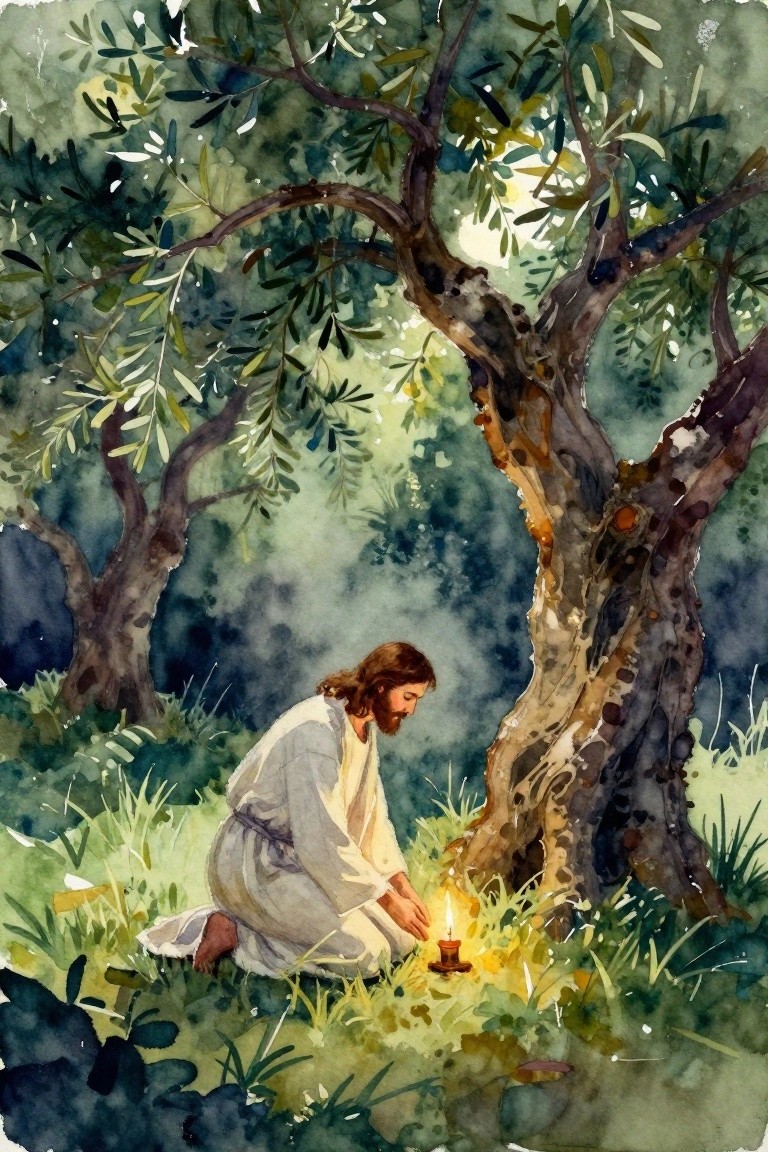 A watercolor painting of Jesus kneeling in prayer beside a lit candle under large olive trees in a garden at night.