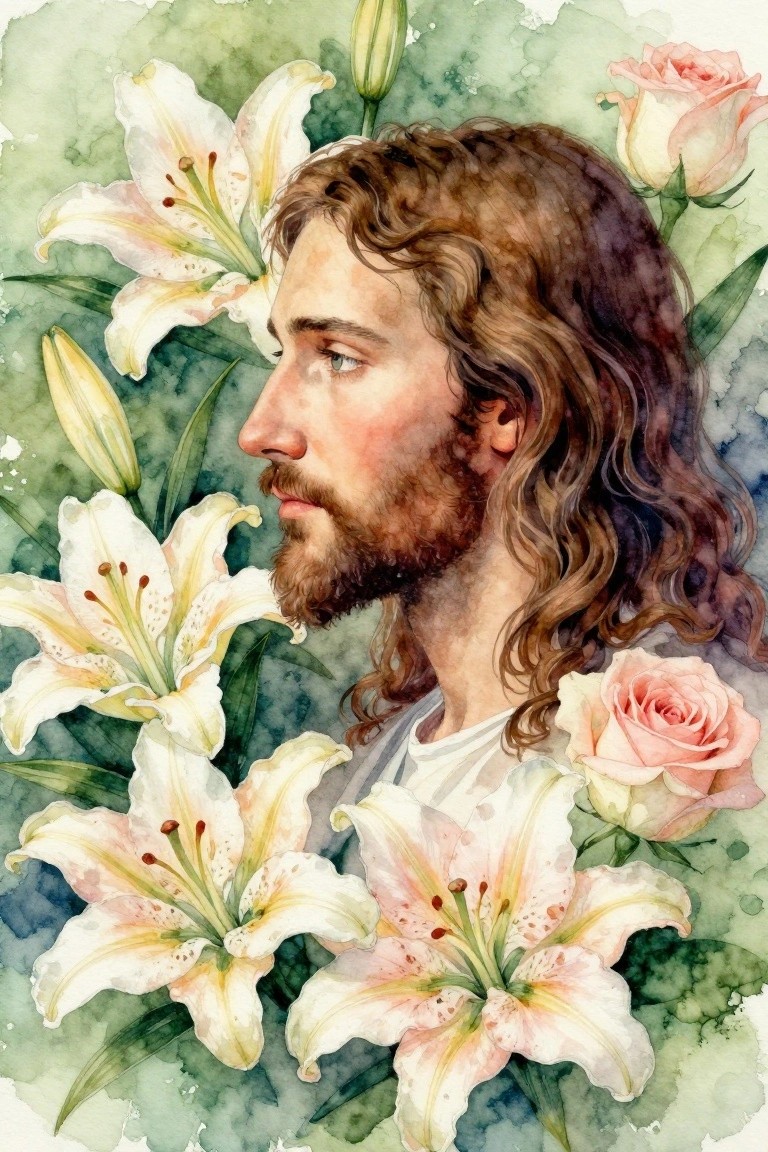 Watercolor painting of Jesus in profile with long brown hair and beard, surrounded by white lilies and pink roses against a soft green background.
