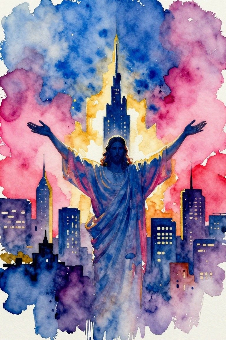 Jesus with arms outstretched before vibrant watercolor city skyline at dusk.