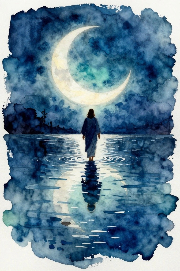 A watercolor-style painting shows Jesus in a robe standing on water at night with a large glowing crescent moon above and its reflection in the ripples below.