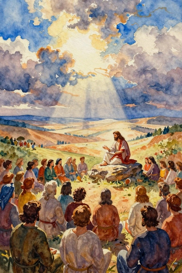 A watercolor painting shows Jesus seated on a rock speaking to a crowd of people on a grassy hillside beneath a cloudy sky with light rays.
