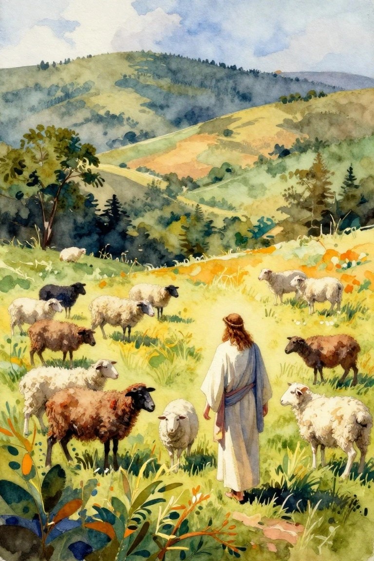 Man in white robe walks among sheep on vibrant green hills