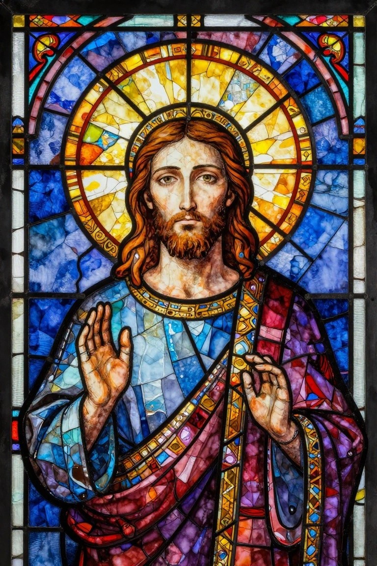 Stained glass Jesus with halo, raised hand, in blue and purple robes