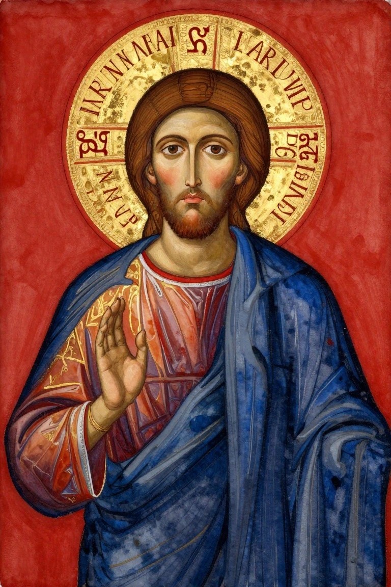 Byzantine-style icon of Christ in blue robe, raising hand before golden halo on red.