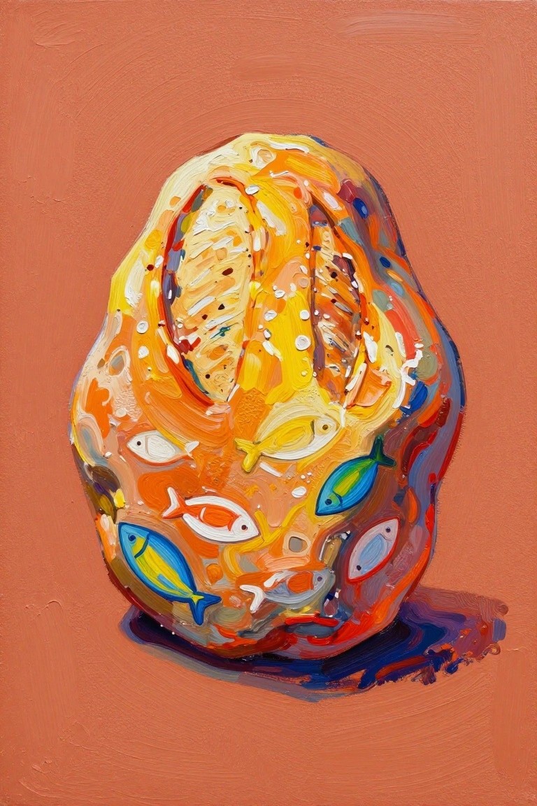 A rounded rock painted with multiple colorful fish in blue, yellow, orange, and white on an orange-toned background.