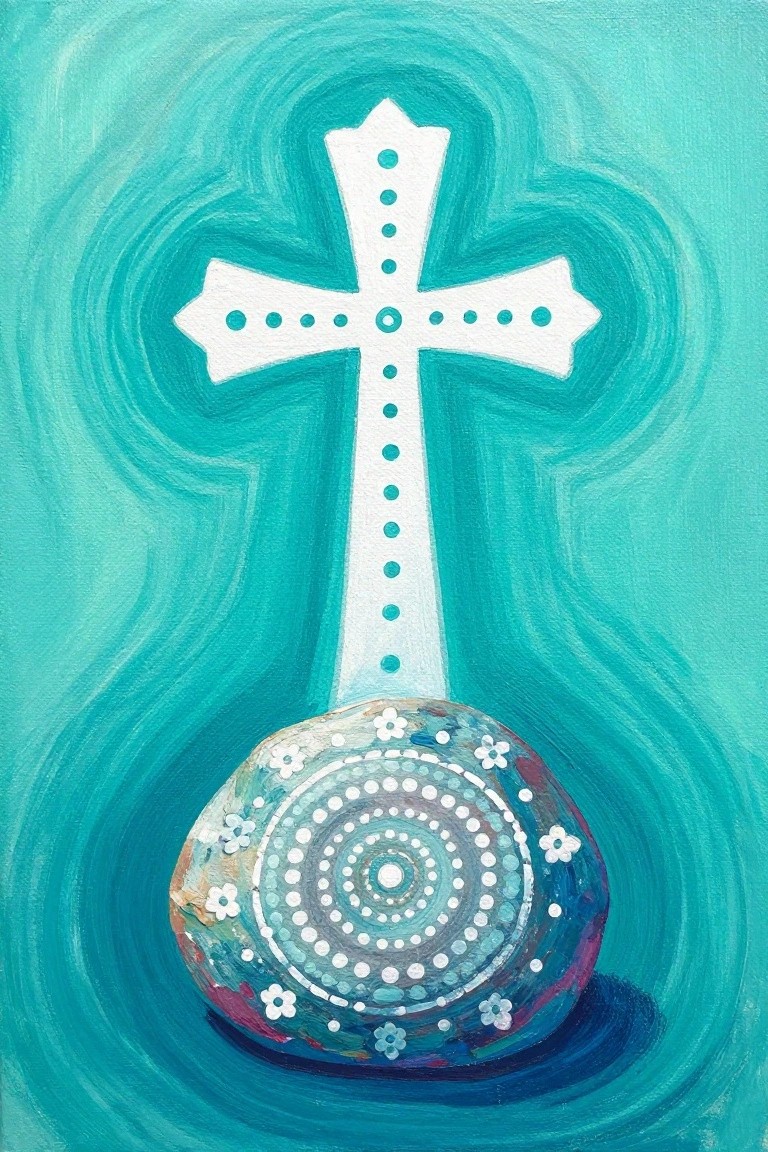 White cross with teal dots atop spiraled painted stone on swirling turquoise background.