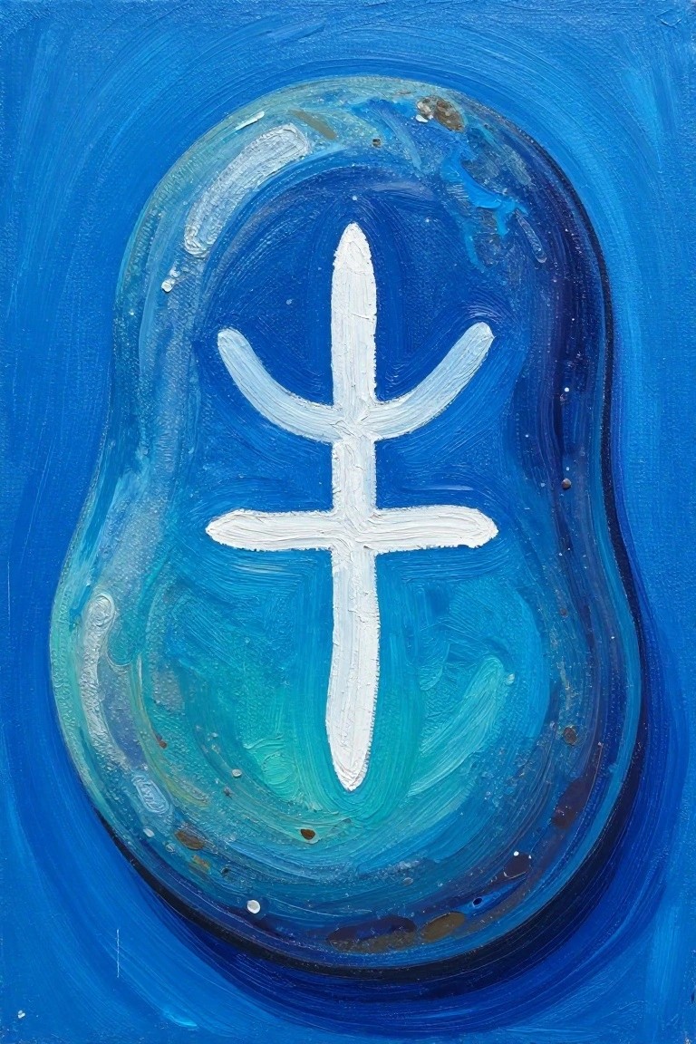 Abstract painting of white trident-cross symbol on textured blue oval background.