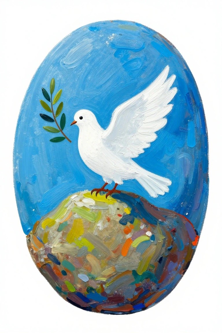 White dove with olive branch on colorful rock against blue oval background