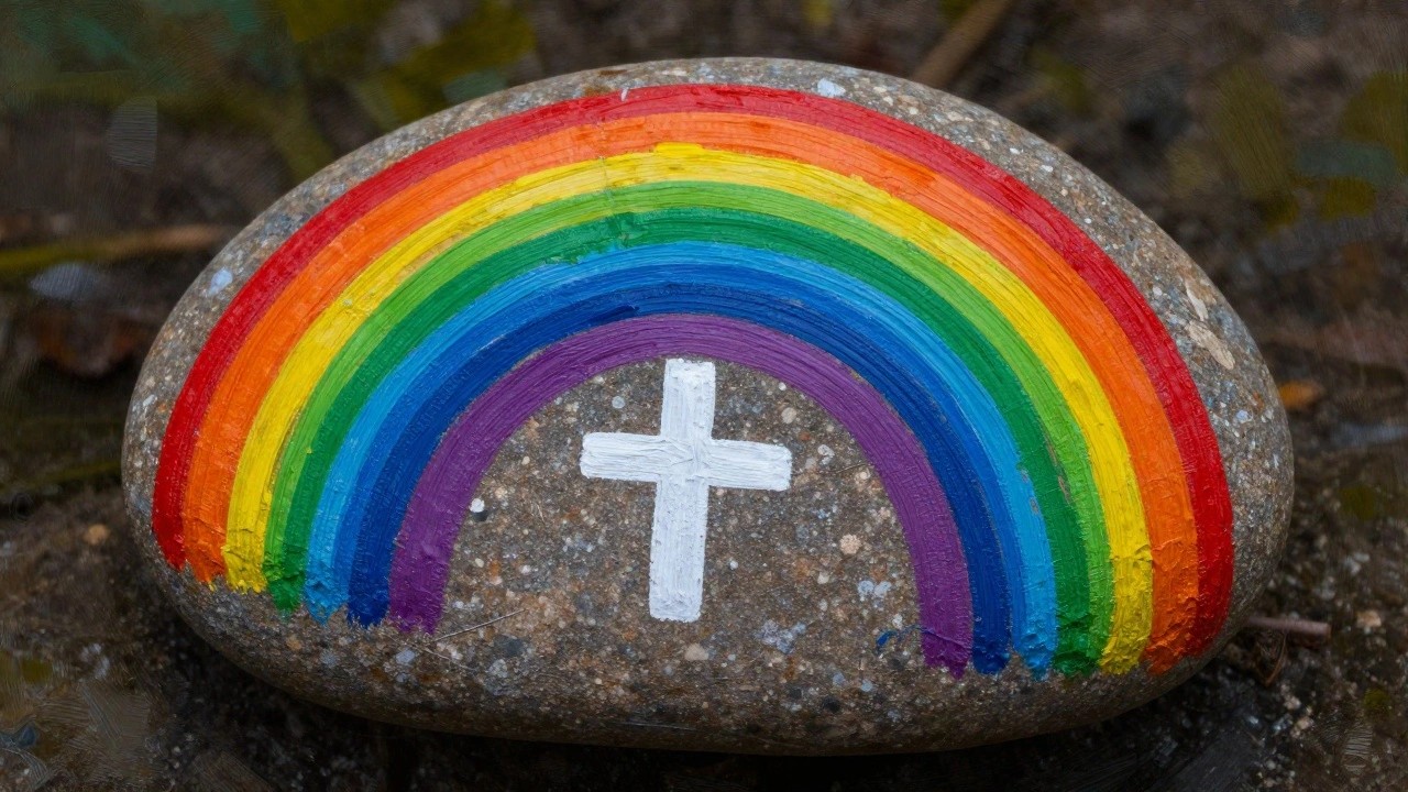 Vibrant rainbow arches over large rock with white cross on blue base
