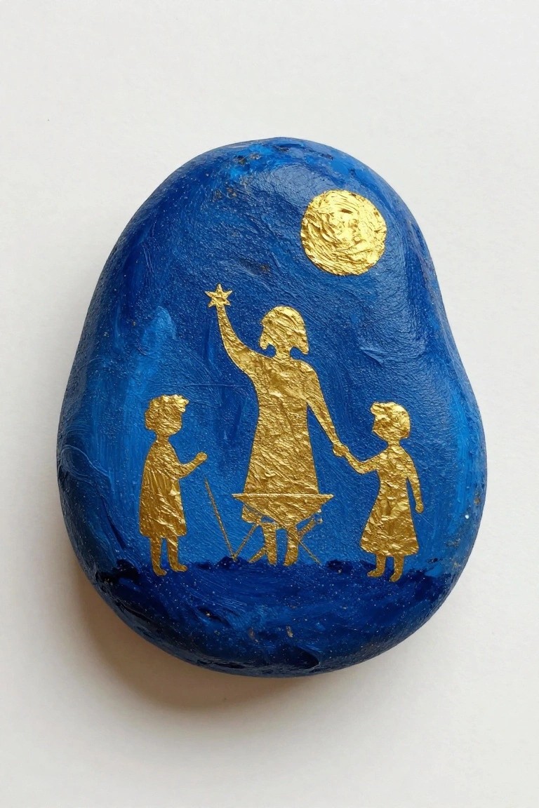 Blue painted rock with gold nativity silhouettes, central woman holding star, moon, and manger.