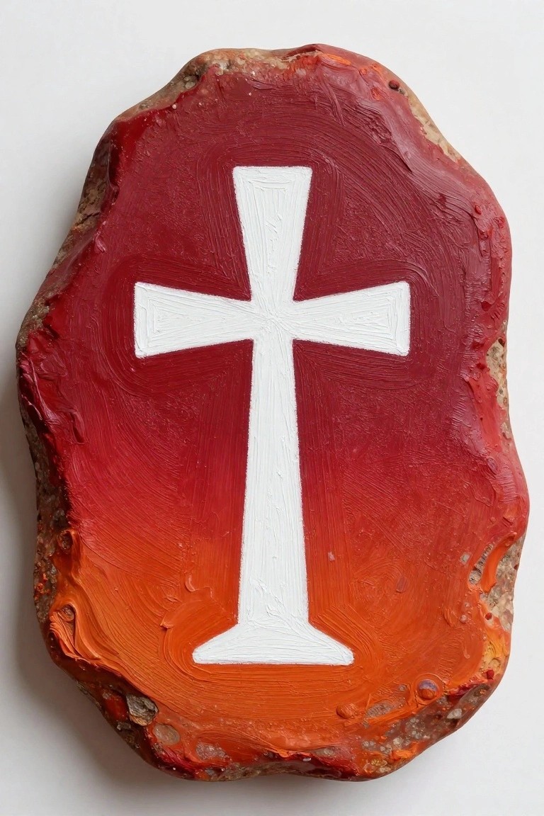 Rough stone painted red-orange with thick brushstrokes and centered white cross