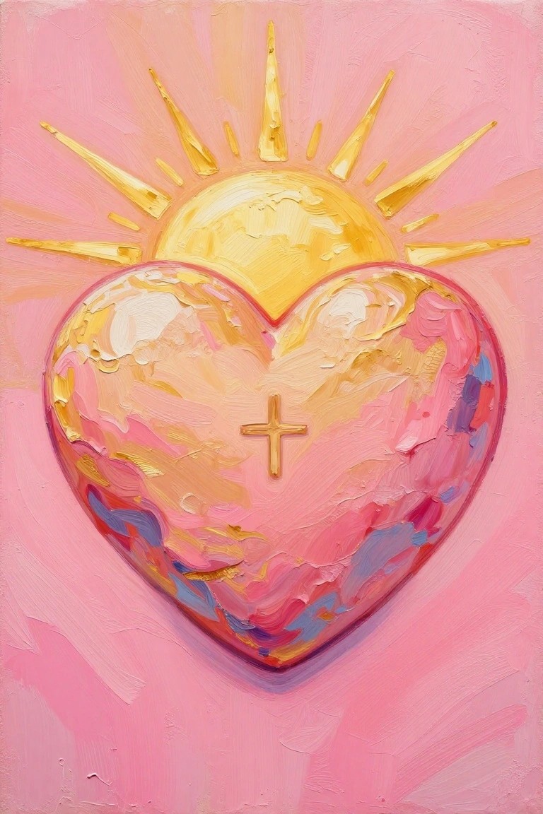 Textured oil painting of pink heart with golden cross and sun rays