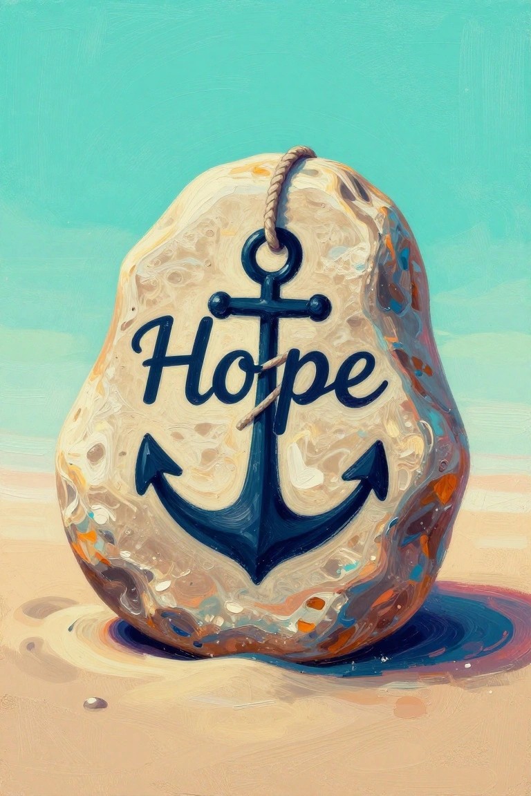 Painted rock with blue anchor and 