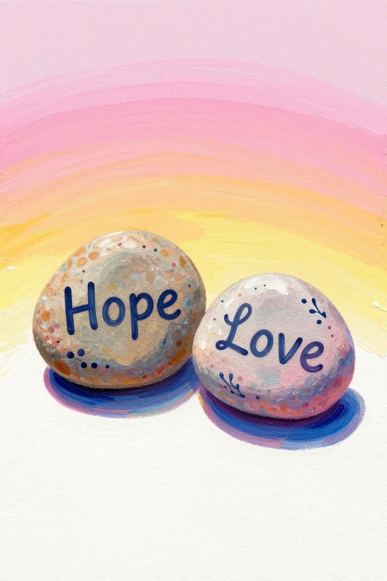 Two speckled rocks painted with Hope and Love on a pink-yellow gradient background