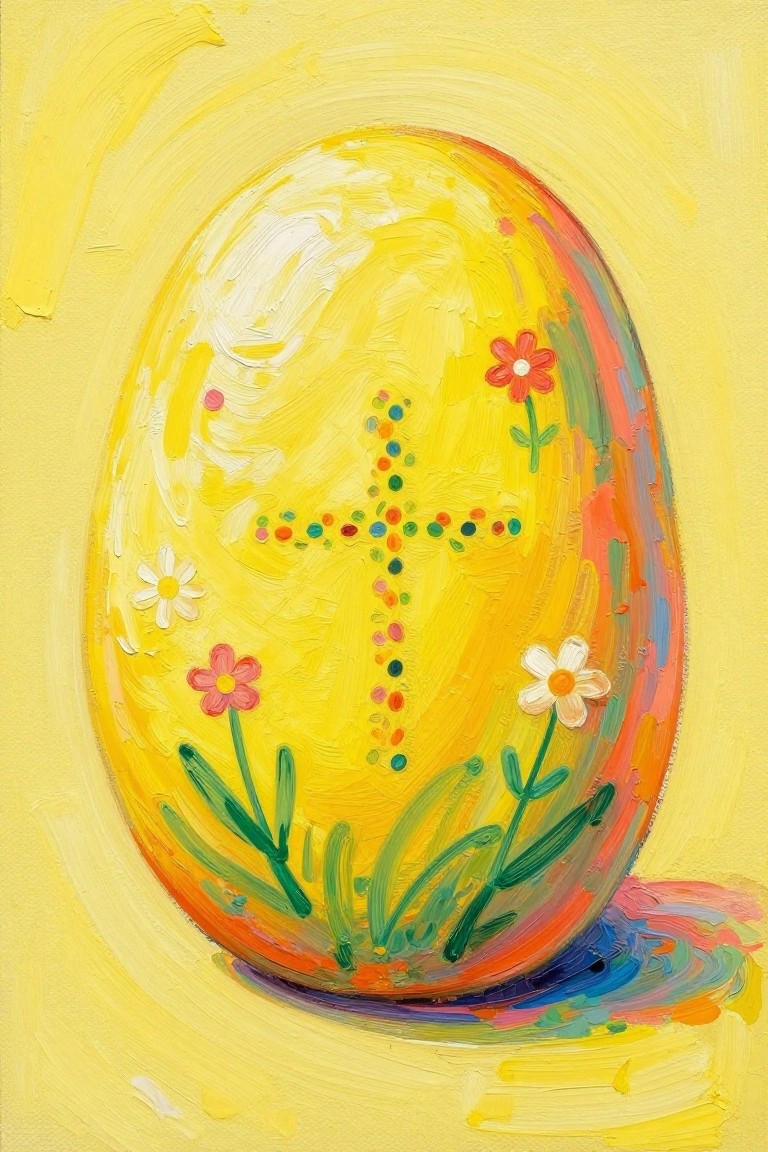A vibrant painting of a yellow Easter egg decorated with a cross made of colorful dots, several small flowers, and green grass against a yellow background.