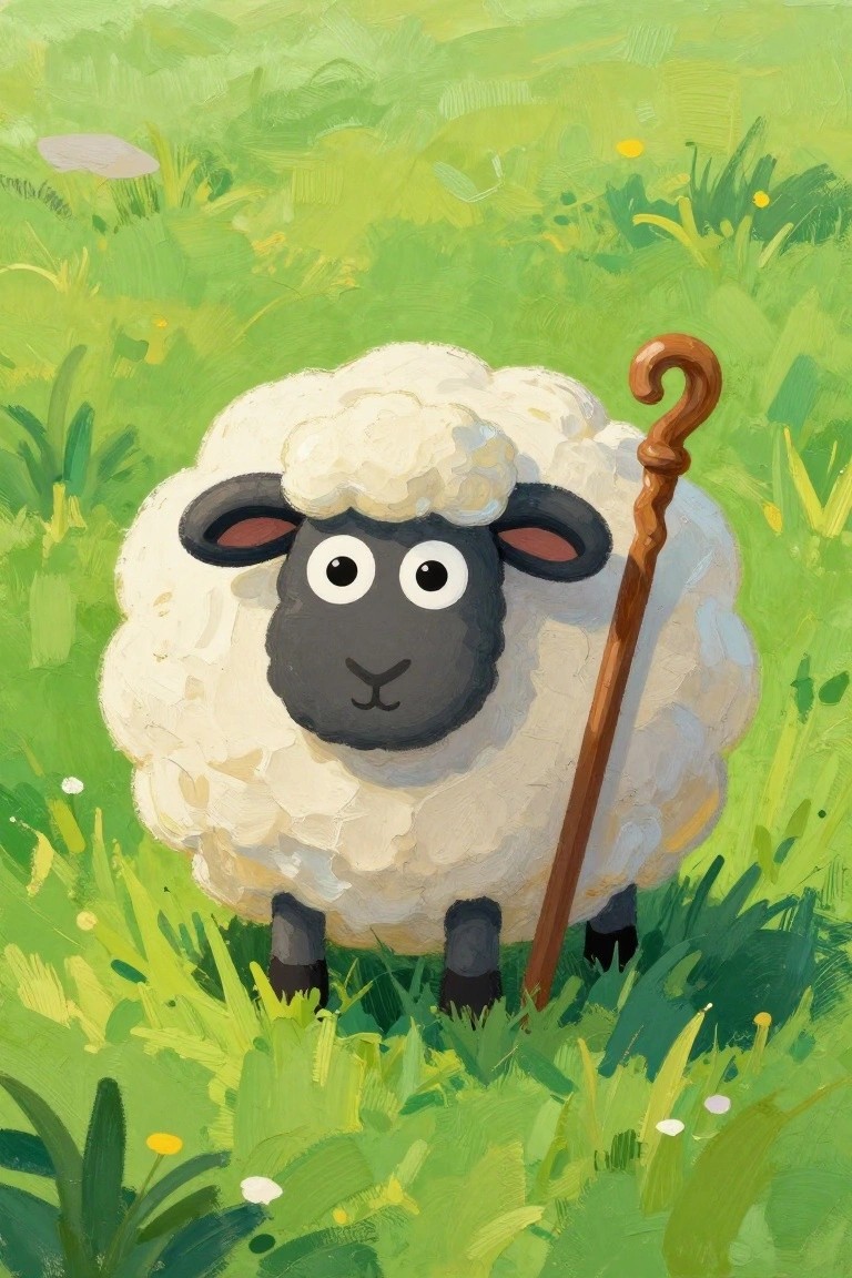 A cartoon-style painting of a white sheep with a black face holding a wooden shepherd's crook in a green grassy field.