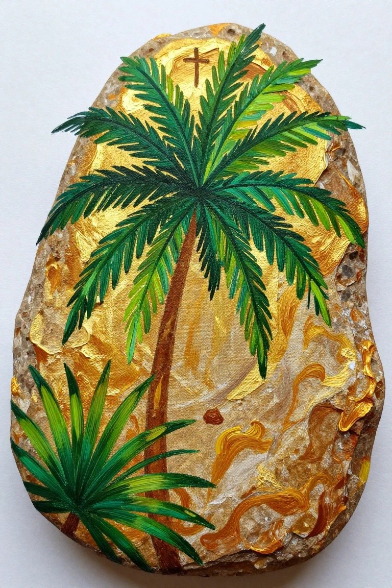 Green palm tree on gold-leafed rock with small cross above