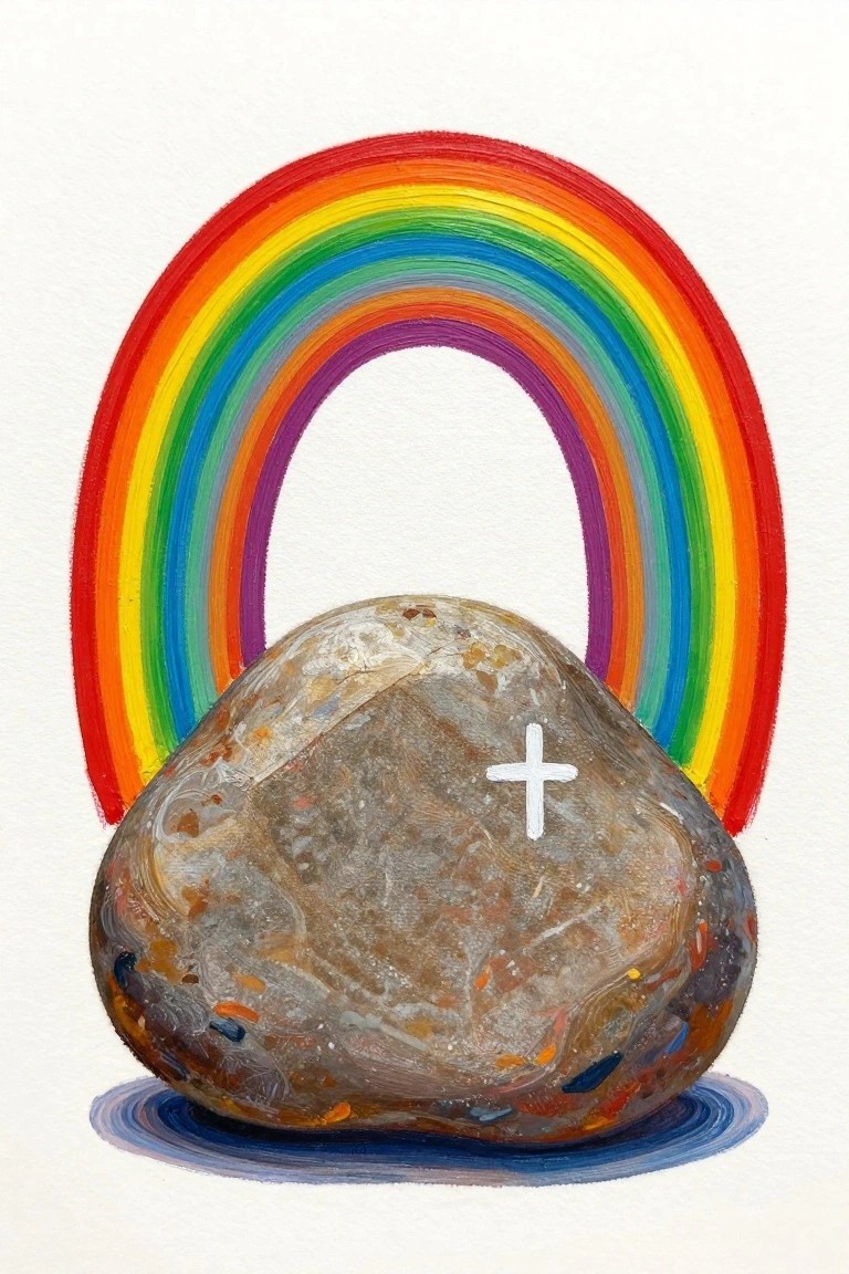 Vibrant rainbow arches over large rock with white cross on blue base