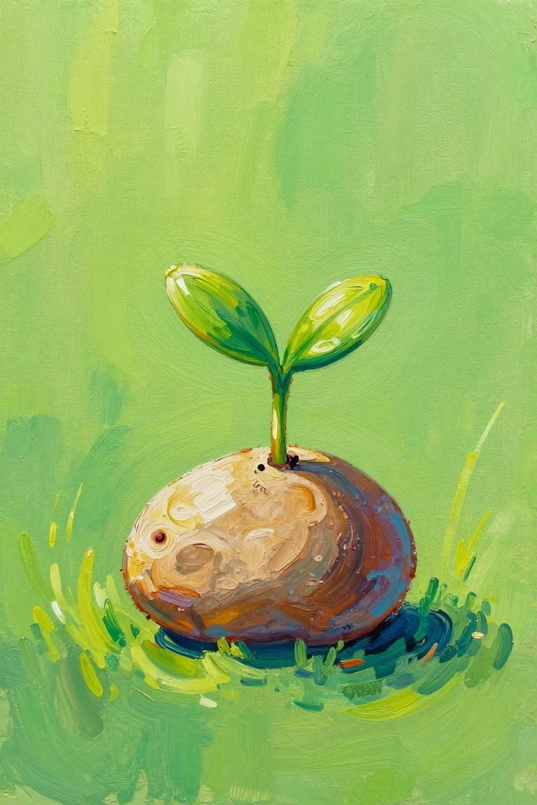 Oil painting of round brown seed with face sprouting two green leaves on grass
