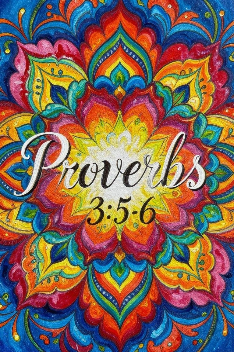 Vibrant rainbow mandala with Proverbs 3:5-6 text centered on floral design