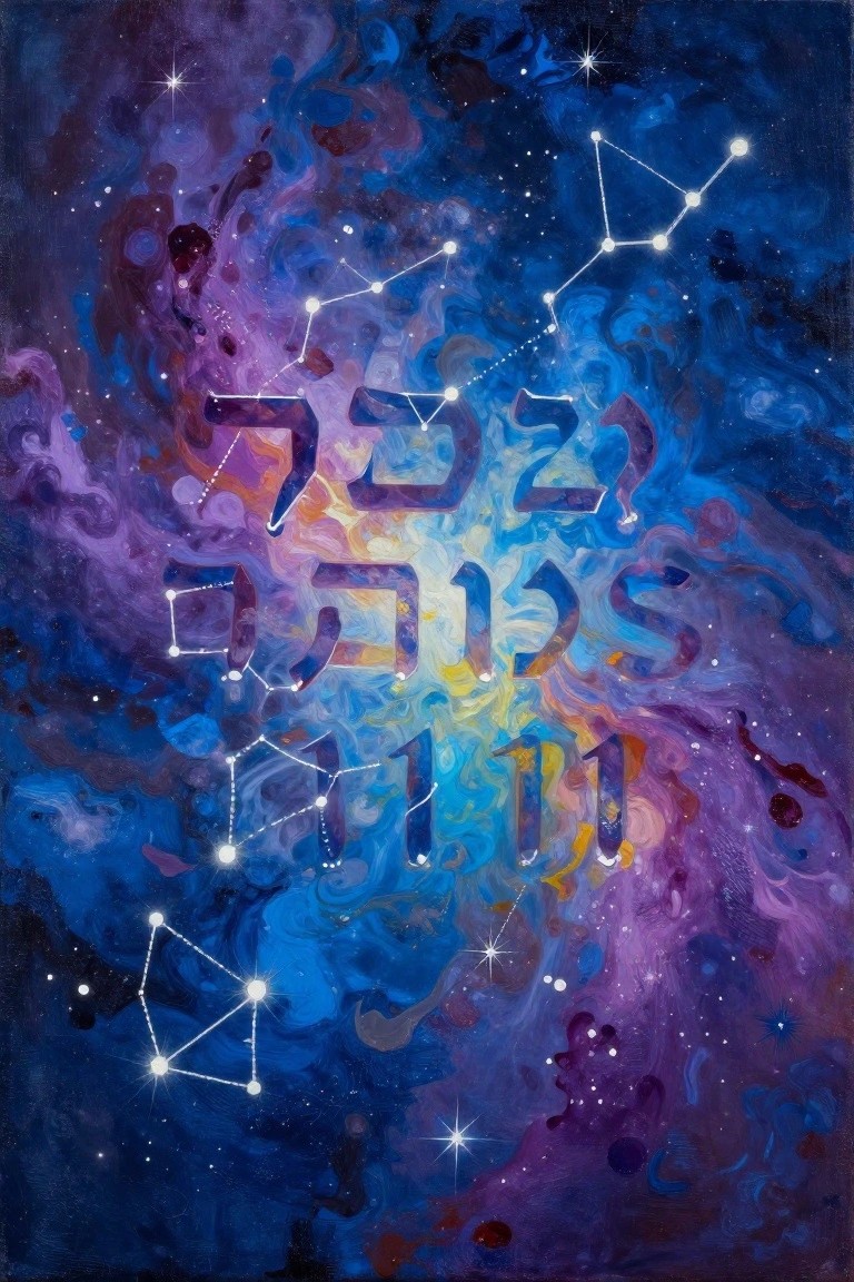 A painting of Hebrew text integrated with constellation lines against a colorful swirling space nebula background.