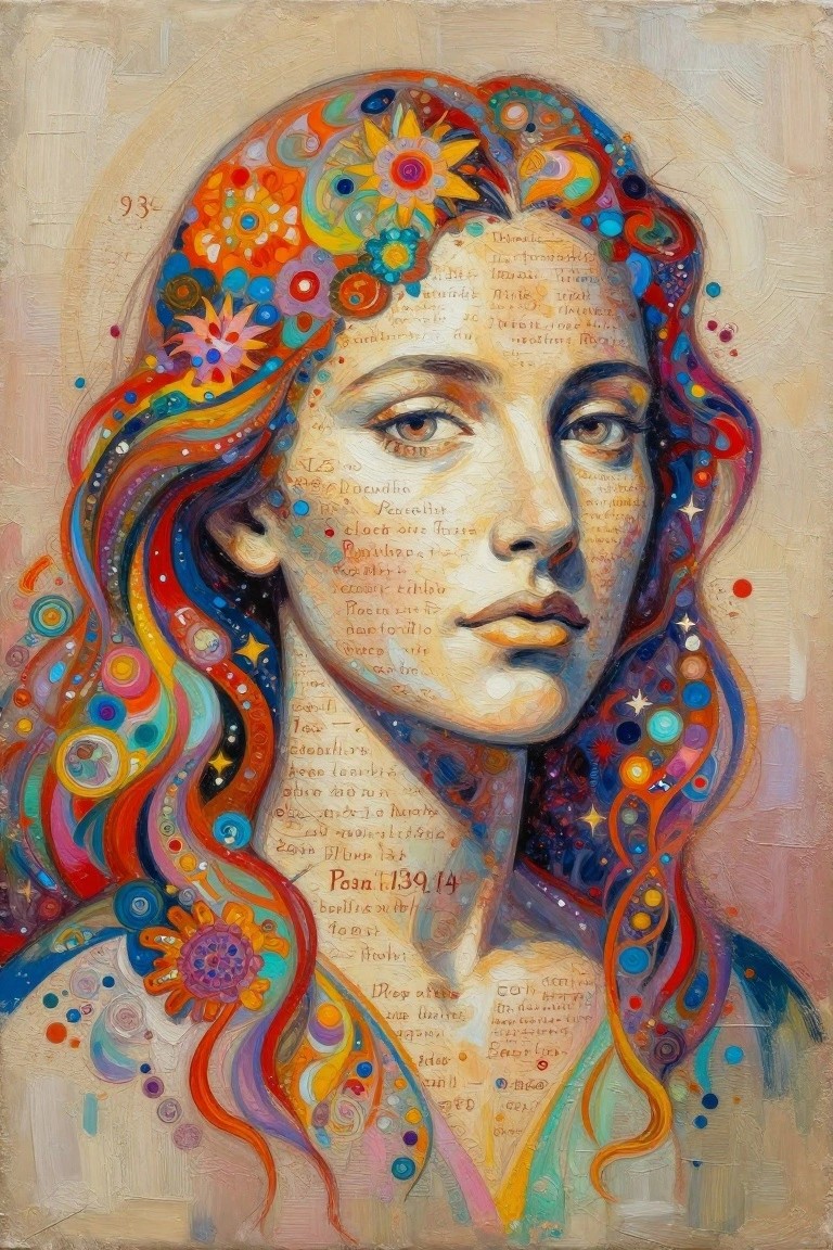 Vibrant surreal portrait of a woman with colorful floral hair and inscribed text on her skin.